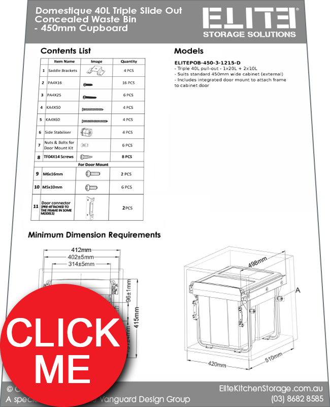 Instructions Manual for ELITE Domestique 40L Triple Slide Out Concealed Waste Bin 450mm Cupboard