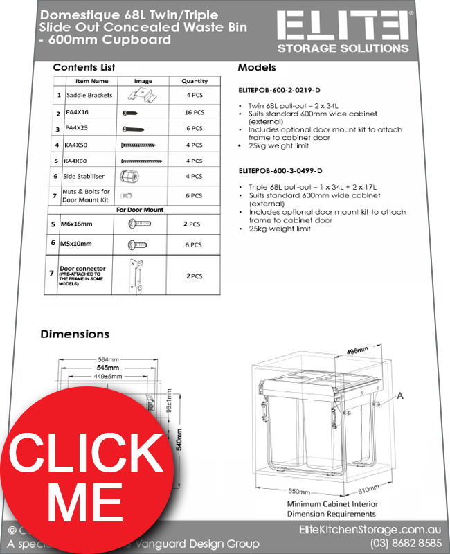 Instructions Manual for ELITE Domestique 90L Twin Slide Out Concealed Waste Bin 600mm Cupboard