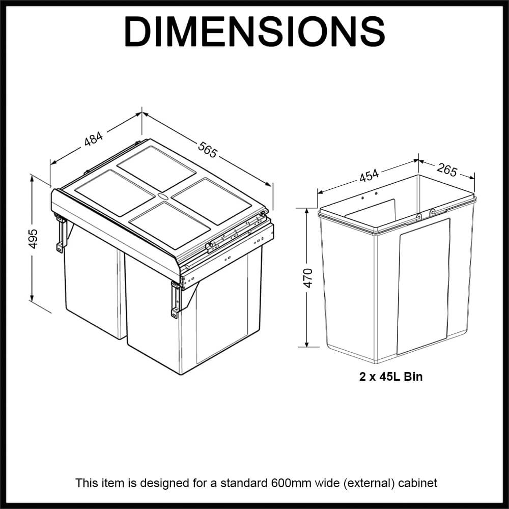 elite bins waste storage side mount 600mm cupboard